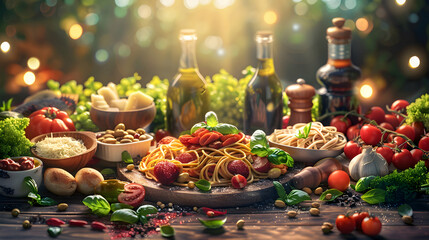 Glossy Italian Food Richness: Luxurious and Flavorful Dishes in Photo realistic Digital Art Showcasing the Richness of Italian Cuisine   Stock Photo Concept