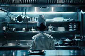 A chef wearing a toque stands in a commercial kitchen, his/her back to the camera.