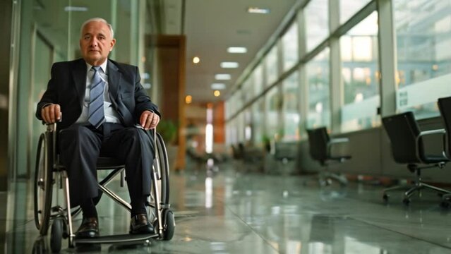 A senior business man dressed in a suit and tie is seated in a wheelchair at office interior