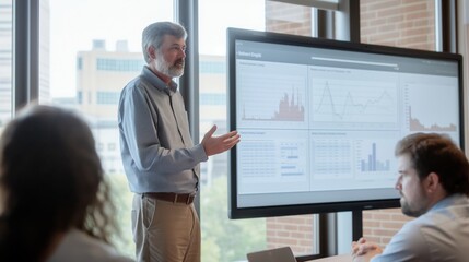 Business Presentation by Mature Professional with Data Analytics on Digital Screen in Modern Office Setting