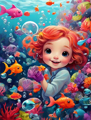 child, children, sea, fish, underwater, water, cartoon, illustration, vector, coral, nature, ocean, life, art, reef, tropical, drawing, design, woman, flower, beauty, fairy, diving, painting, fantasy,