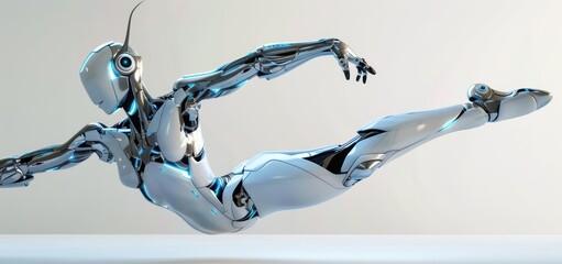 A female robot with white and silver plating is suspended in mid-air, her body twisted in a graceful arc