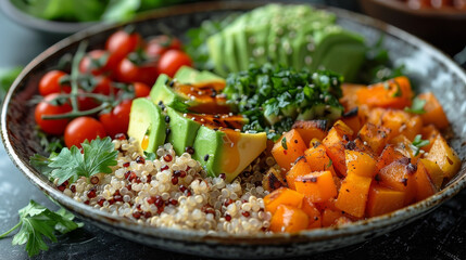 A vibrant, nutritious bowl featuring quinoa, cherry tomatoes, avocado, roasted butternut squash, and fresh herbs, perfect for a wholesome meal.