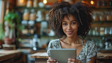 Woman sitting at kitchen table with tablet and coffee