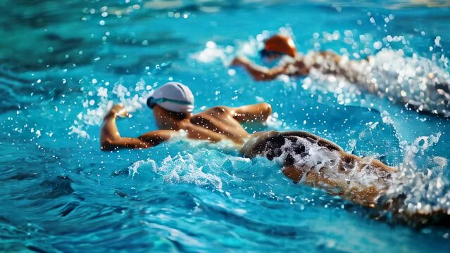 Two swimmers in pool, mid-stroke, creating splashes