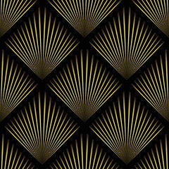 Art Deco Wallpaper. Black and gold seamless pattern in roaring twenties style. Line art deco background for interior design. Elegant art deco type