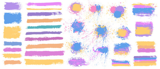 Brush strokes vector. Colorful ink blots and backgrounds. Set of text boxes. Paintbrush collection. Grunge design elements. Brush texture banners. Purple, blue, yellow, orange and pink brush strokes