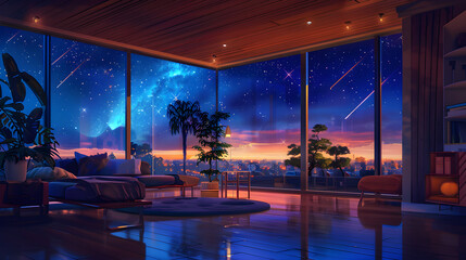 A bedroom with a large window overlooking a city at night. The room is decorated with a potted plant and a vase. The atmosphere is calm and peaceful, with the stars and city lights creating a serene