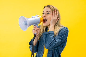 Smiling fun young woman in denim jacket posing isolated on yellow background in studi Scream in...