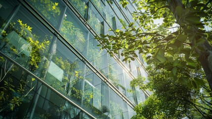 ecofriendly construction in contemporary metropolis sustainable glass building with green tree branches and leaves for lowering heat and carbon dioxide