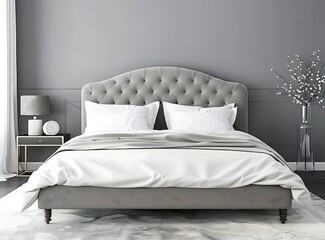 Modern gray bed with white linen in a bedroom interior