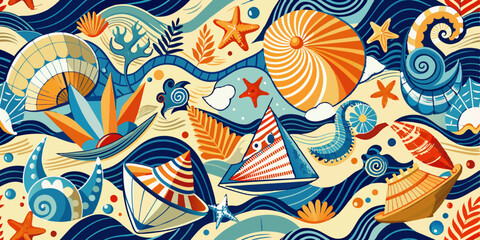 Naklejka premium Vibrant patterns and swirling designs create a lively nautical theme, with a variety of seashells, starfish and stylised waves. Colourful sailboats create a sense of adventure and navigation.AI genera