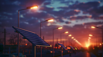 Photo realistic representation of glossy solar powered street lights in a modern urban setting showcasing renewable energy and sustainable infrastructure | High resolution image on
