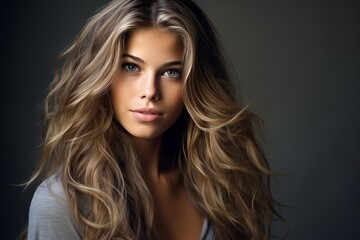 Fototapeta premium Blonde woman with flawless makeup and long hair in studio portrait showcasing captivating smile