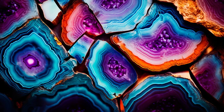 Geode inspired formation with complex colorful crystal formations on a rock background. Generative Ai - Powered by Adobe