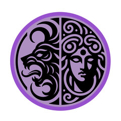    Beauty and the beast, black and purple circle with an ancient Greek style head split in half of a woman on one side and lion on the other, using simple shapes, on a white background