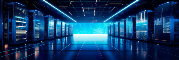 featuring the interior of a high-tech data center, with rows of servers, cables, and cooling systems . Generative AI