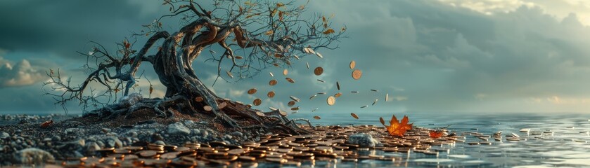 A dead tree collapsing with missing coins nearby, representing financial decay, clear and vivid, highquality, dramatic and somber image.