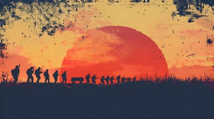 Minimalist Silhouette Soldiers Carrying Casket Against Sunset Memorial Background