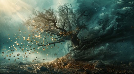Obraz premium A dead tree collapsing with missing coins around, symbolizing financial ruin, highresolution, bright and clear, dramatic and professional stock photo.