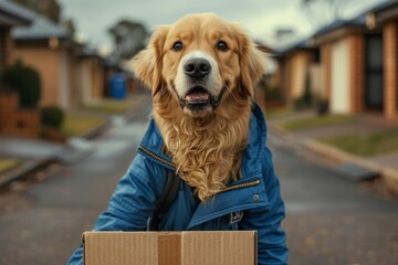 A dog is holding a cardboard box in its mouth. delivery concept