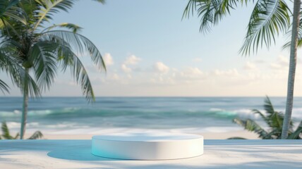 White podium for advertising and product presentation against the backdrop of the sea and palm trees.