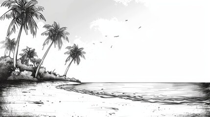 A beach scene with palm trees and a body of water