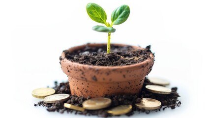 A delicate seedling growing in a pot with gold coins around it, financial growth concept, isolated on white, ample copy space, highquality, clear and vibrant image.