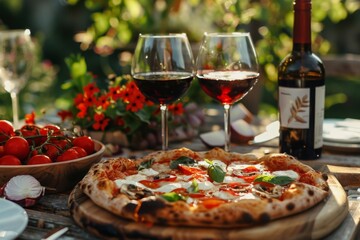 Delicious pizza and fine wine in the outdoor garden. Selective focus on the tasty italian dish and refreshing beverage. Enjoy a lovely meal outdoors