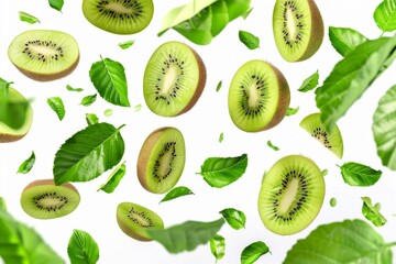 Fototapeta premium Flying kiwi slices with leaves on white background - creative technology for generates