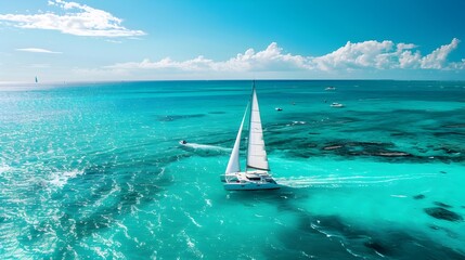 Obraz premium Catamarans Sailing Towards Sun-Drenched Horizons: A Journey of Adventure and Freedom