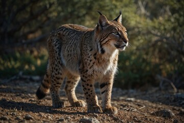Fototapeta premium A brown cat with black markings is standing in the dirt