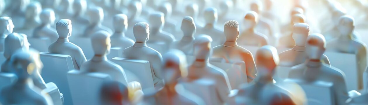 The image shows a large group of people, all of whom are looking in the same direction