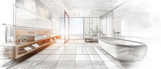 Modern Bathroom Design Sketch with Sunlight..