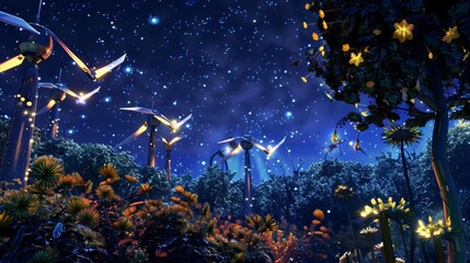 Naklejka premium A surreal landscape with bio-luminescent flowers and plants. The night sky is filled with stars and strange, glowing creatures.