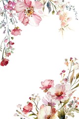 Elegant Watercolor Floral Frame with Blooming Pink Flowers and Greenery