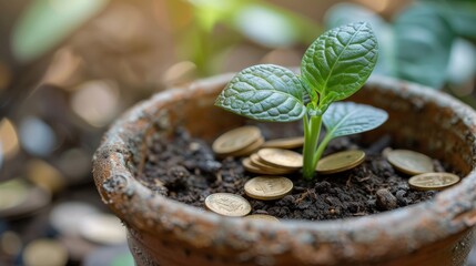 A green seedling in a pot with gold coins around it, financial prosperity theme, isolated on white, copy space, sharp detail, vibrant colors, highquality image.