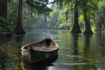 Boat Floating on River Surrounded by Trees