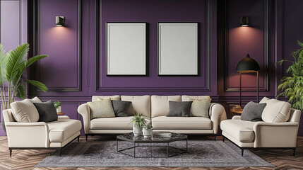  modern living room with Violet walls interior design.