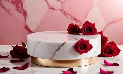 Romantic Setting with Marble Podium and Soft Pink and Red Rose Petals
