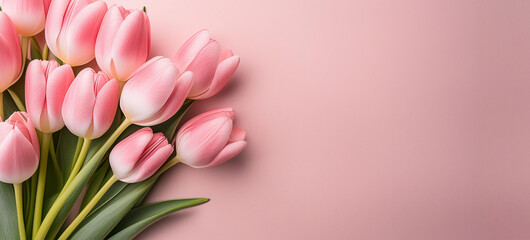 Bouquet Of Pink Tulip Flowers On Pink Background With  Copy Space
