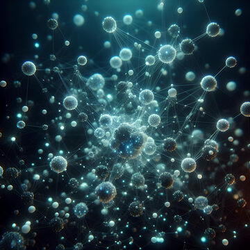 A complex molecular structure made of glowing neon atoms connected by fine strands, floating in a dark space ver 3.