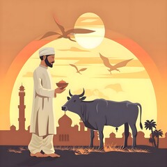 arab man with cow, Happy eid al adha mubarak vector illustration
