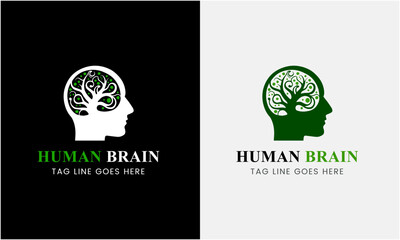 Tree brain logo concept. The human mind, mind growth, human brain with power bulb, brain with leaf, logo concept idea symbol, brain recharge, brain improve
