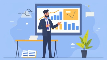 A professional leader character in a 2D flat style illustration, shown delivering a business presentation in an office environment, highlighting leadership and professional attire against a simple