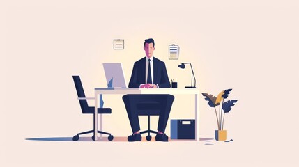 A CEO character in 2D flat style, seated at an executive desk with minimalistic office elements, representing corporate success and professional leadership in a clean and modern illustration.