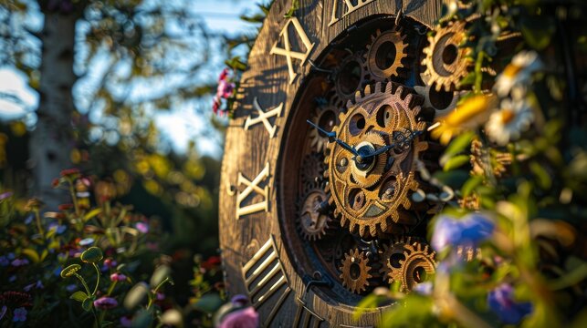 Antique wooden clock with gears in a floral garden for a vintage or magical themed design