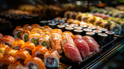 Vibrant sushi displayed at a luxury restaurant counter.