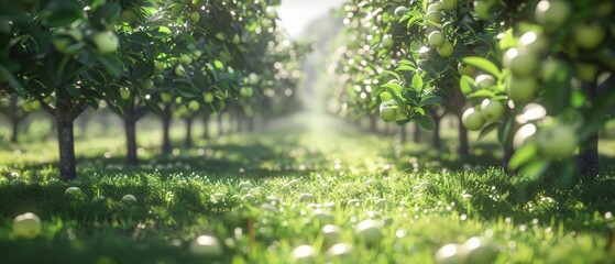 The photo shows a lush green apple orchard with ripe apples hanging from the branches.