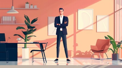 A CEO character in professional attire, standing confidently in an executive office with minimalistic decor, depicted in a 2D flat style to highlight business management and corporate success.